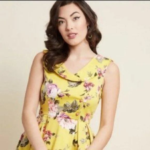Modcloth Ixia Yellow Floral dress size XL - Picture 2 of 3